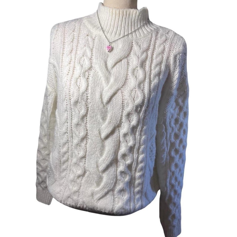 lascana mock neck white chunky cable knit sweater